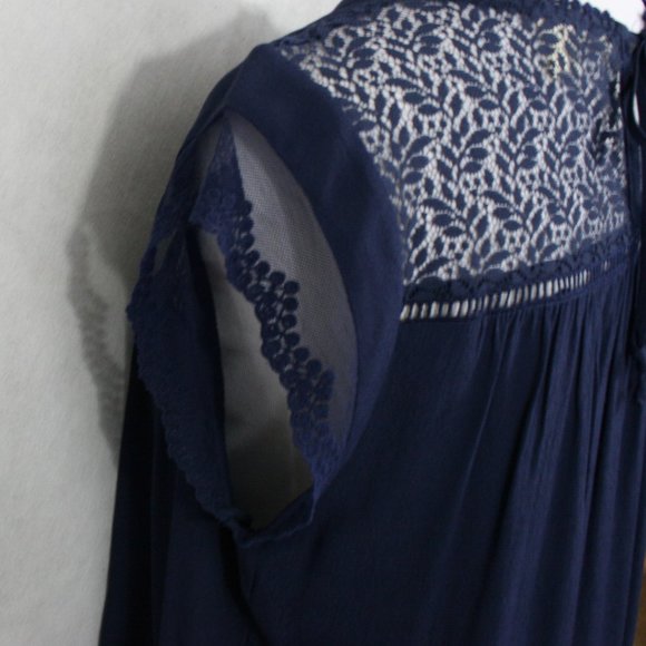 Vintage 90's Anthropologie Meadow Rue Blue Rayon Blouse w/ Lace SZ MP EUC - Picture 6 of 10